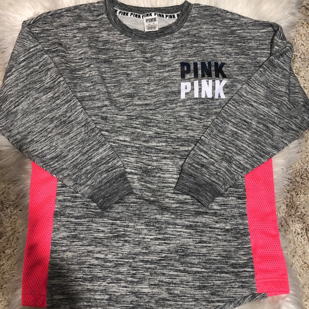 Victoria secret pink pullover sweater gray pink mesh logo front & back Sz S